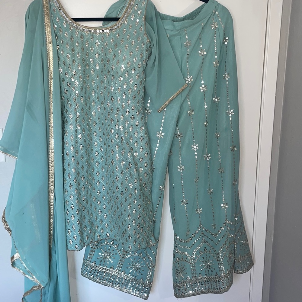New Unworn Mint Silver Sharara Salwar Kameez
